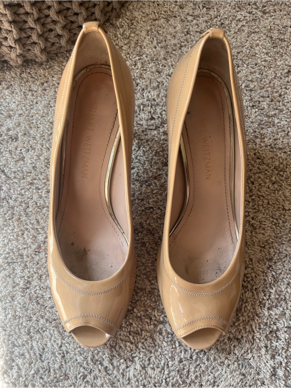 Stuart Weitzman Nude Patent Peep-Toe Pumps